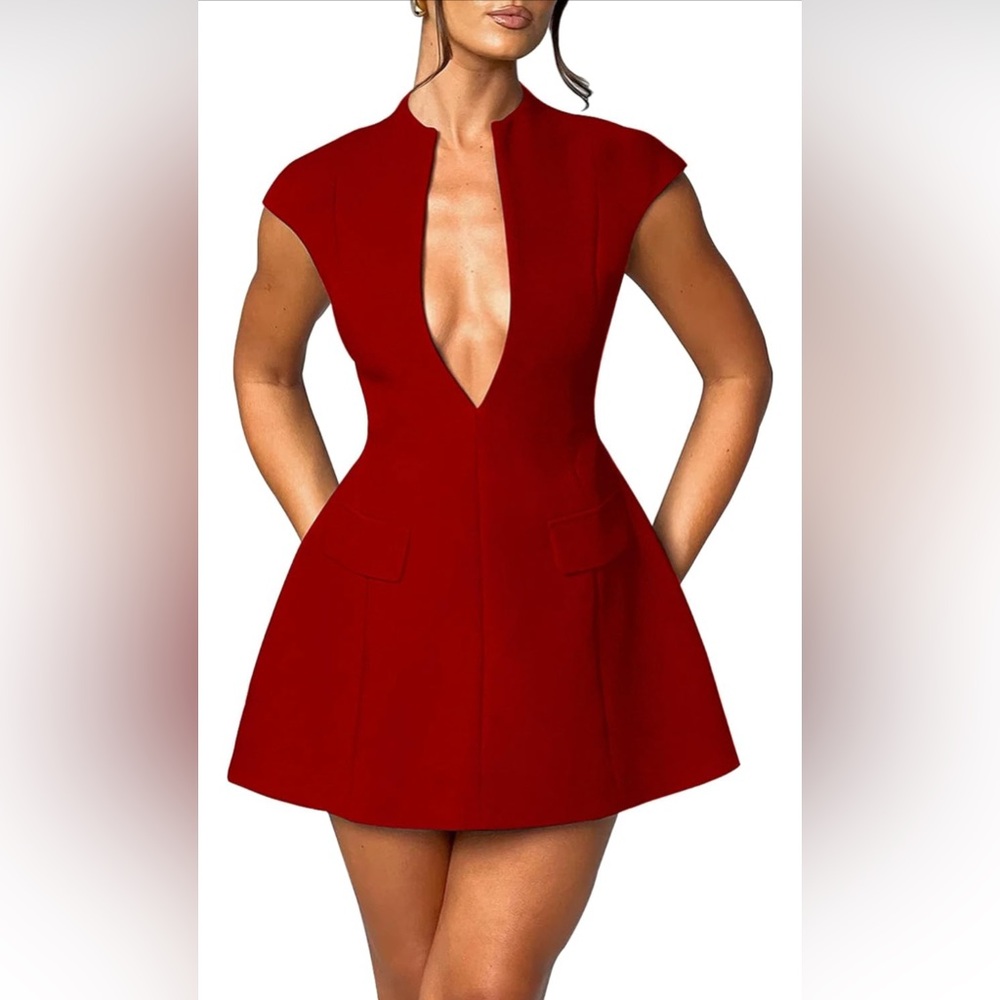 Sexy Red Plunge Neck Dress